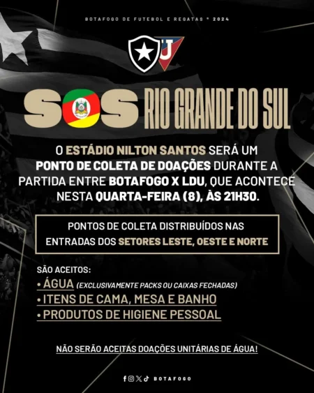 Botafogo terá postos de coleta de doações no jogo contra a LDU para vítimas das chuvas: saiba como ajudar