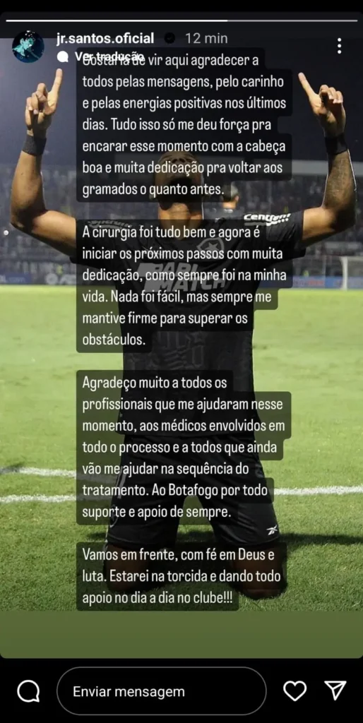 "Júnior Santos, Jogador do Botafogo, Agradece Apoio após Fratura na Tíbia: 'Estarei Torcendo'"