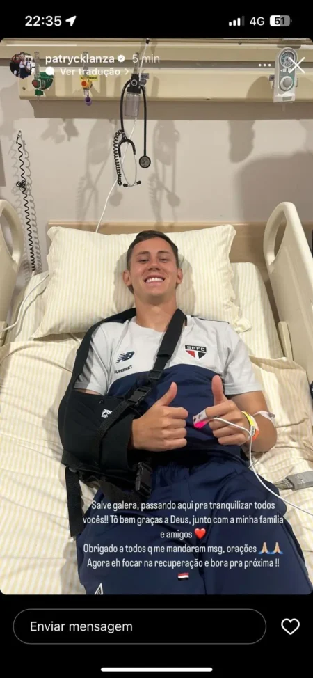 Jogador do São Paulo, Patryck recebe alta médica após fratura na clavícula