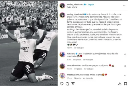 Wesley se despede do Corinthians após transferência para o Al-Nassr: "Até logo"