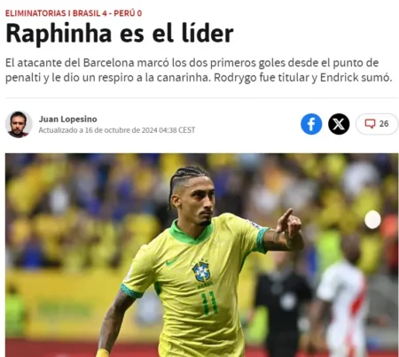 "Raphinha assume o papel de líder: imprensa internacional destaca goleada da Seleção Brasileira"