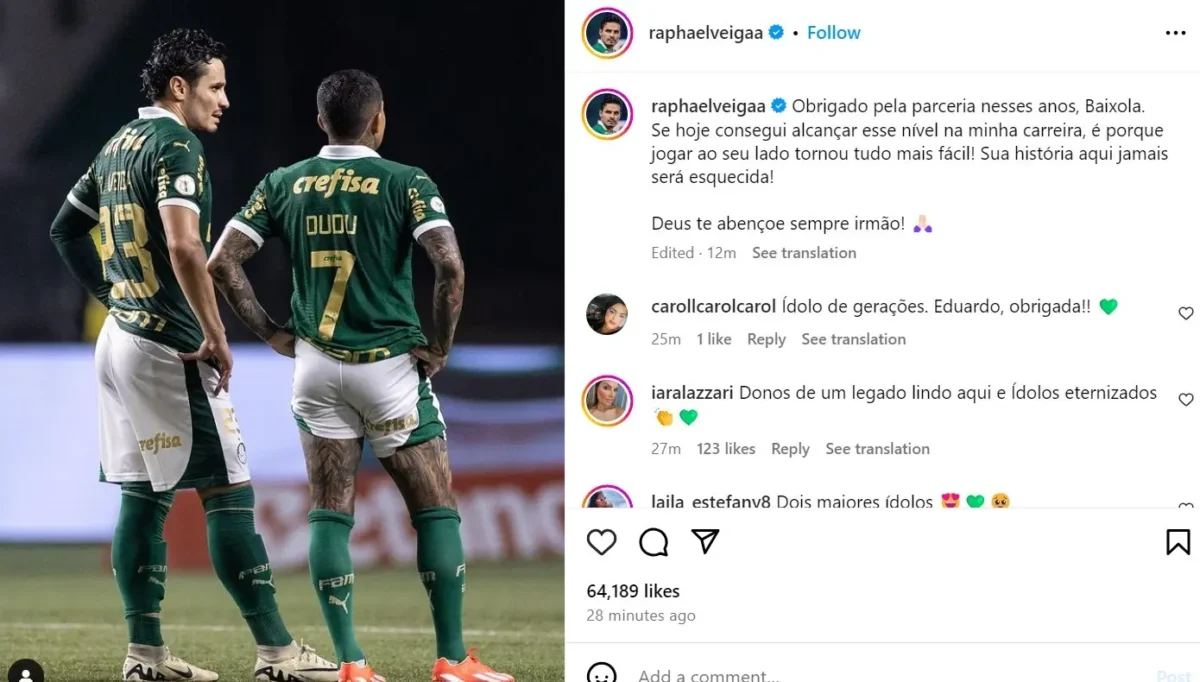 "Veiga homenageia Dudu no Palmeiras: 'Sua história no Alvo jamais será esquecida'"