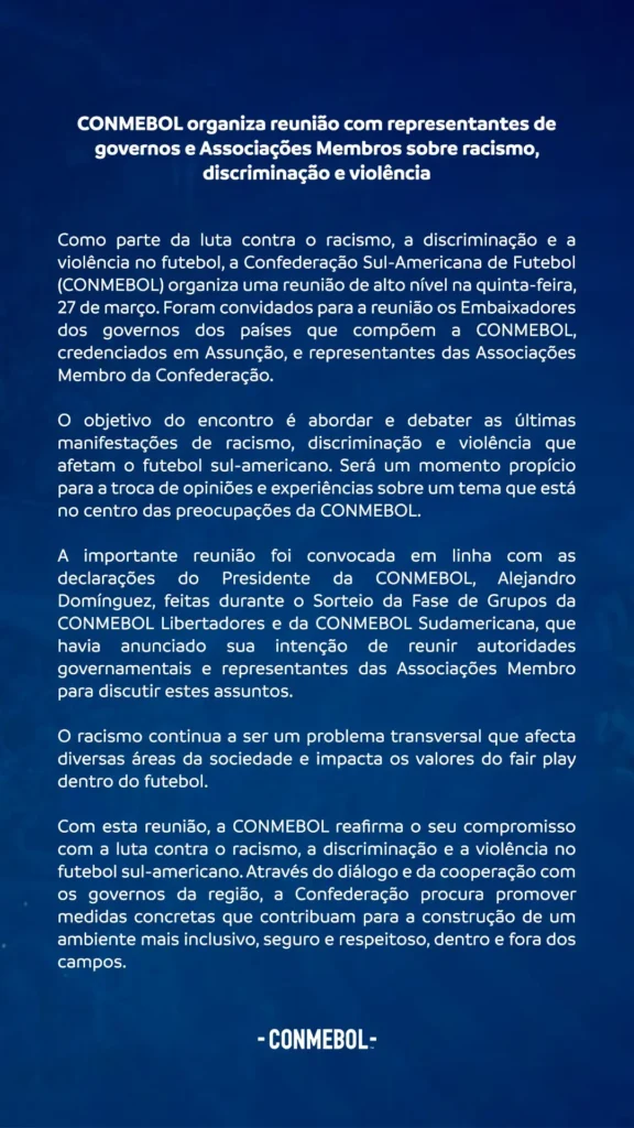 Conmebol agenda encontro com governos e federações para discutir racismo