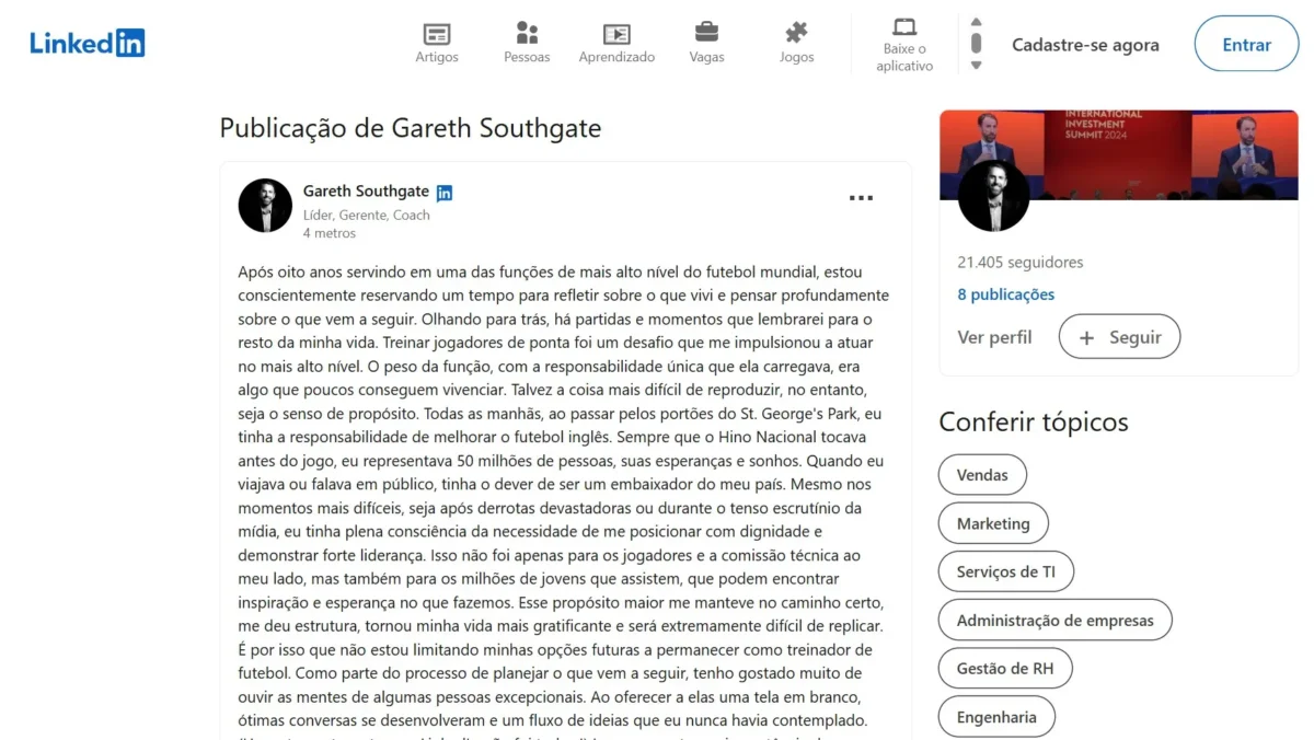 Southgate Pondera Futuro no LinkedIn Após Deixar a Seleção Inglesa