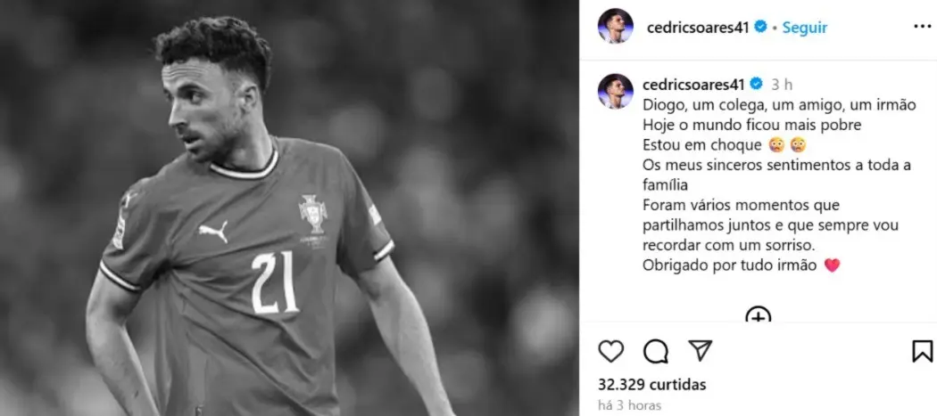 Cédric Soares, lateral do São Paulo, lamenta perda de Diogo Jota: "Em choque"