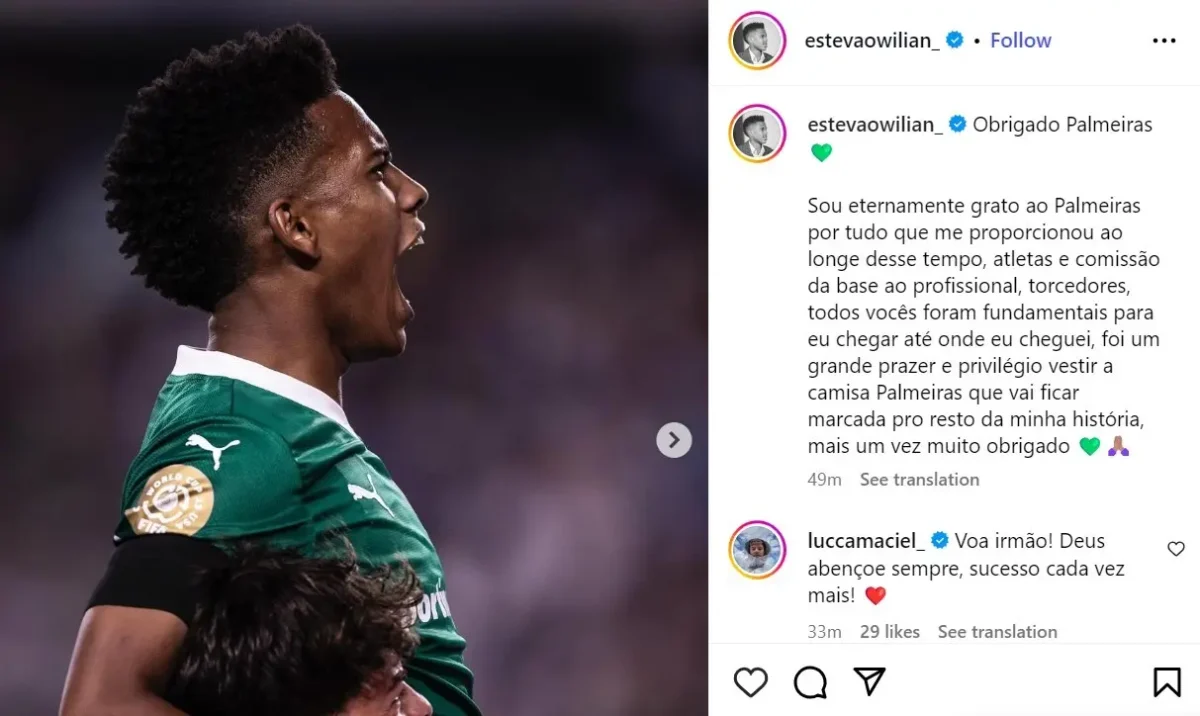 Estêvão se despede e agradece ao Palmeiras: "Foi um privilégio vestir a camisa"