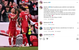 Jogadores do Liverpool prestam homenagens ao Diogo Jota