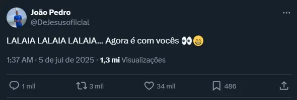 "João Pedro, do Chelsea, faz post em homenagem à paródia 'Palmeiras não tem Mundial' após vaga"