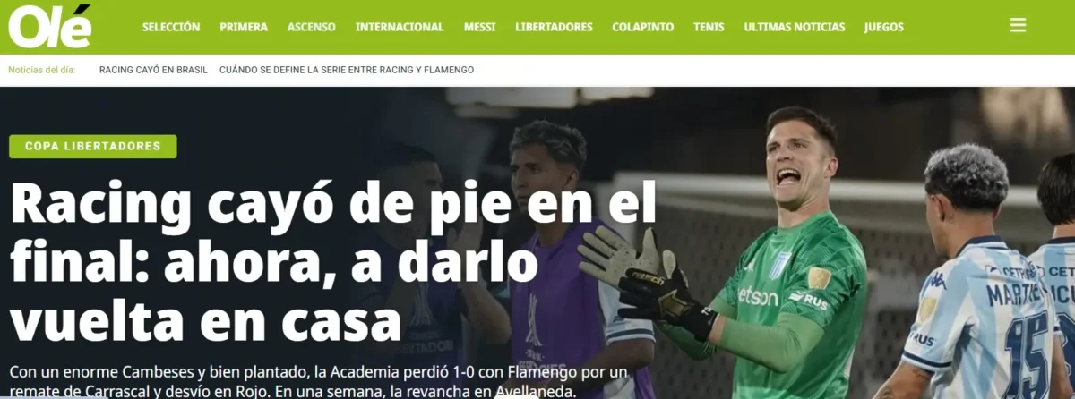 Olé exalta o Racing ante o Flamengo: Caiu de pé, agora é virar em casa Olé exalta o Racing ante o Flamengo: "Caiu de pé, agora é virar em casa"