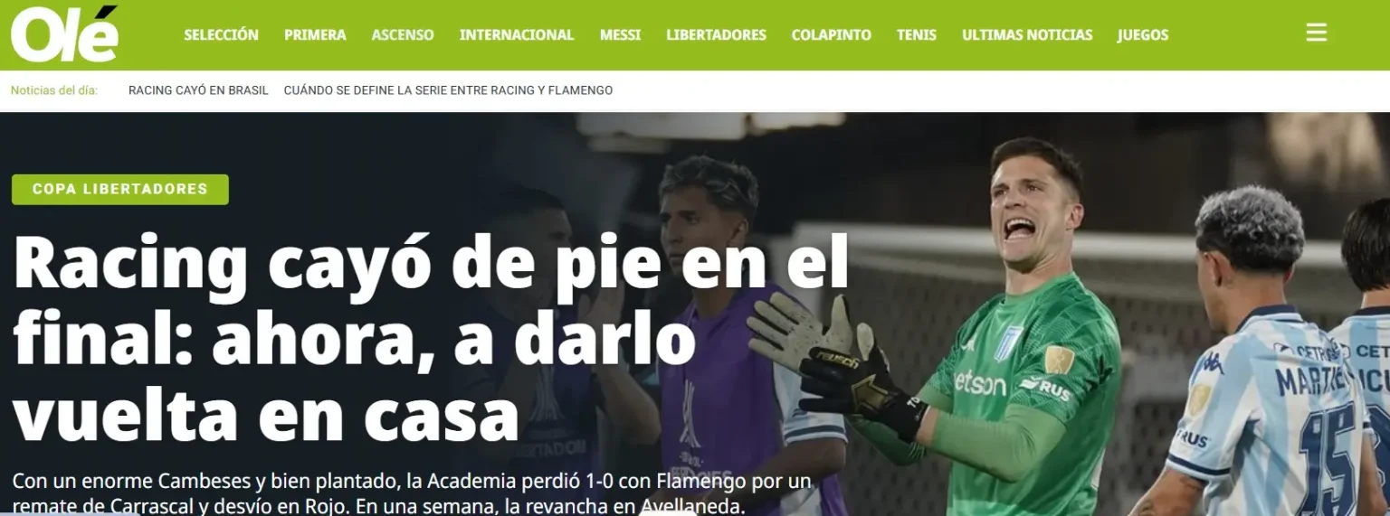 Olé exalta o Racing ante o Flamengo: Caiu de pé, agora é virar em casa Olé exalta o Racing ante o Flamengo: "Caiu de pé, agora é virar em casa"