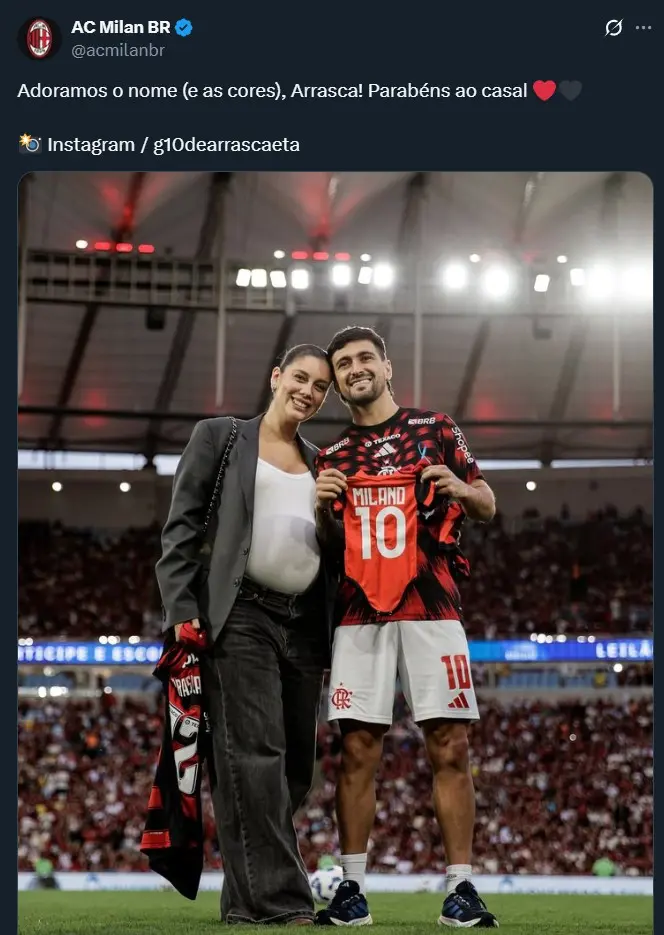 Milan parabeniza Arrascaeta pela gravidez e brinca com o nome Milano: Adoramos Milan parabeniza Arrascaeta pela gravidez e brinca com o nome "Milano": "Adoramos"